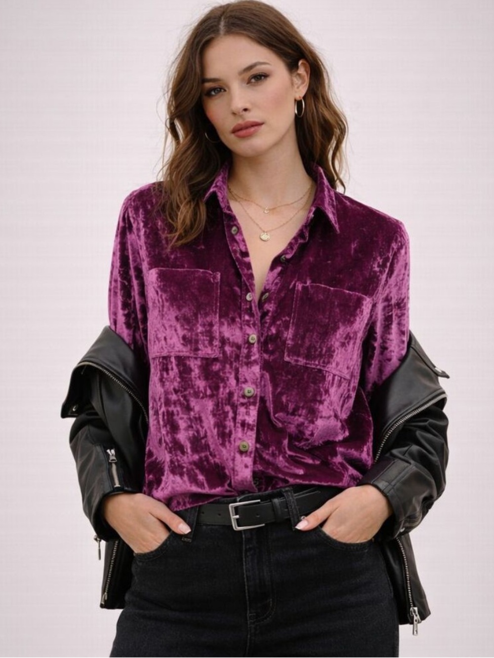 Anthropologie Velvet Button-Down Shirt in Deep Purple